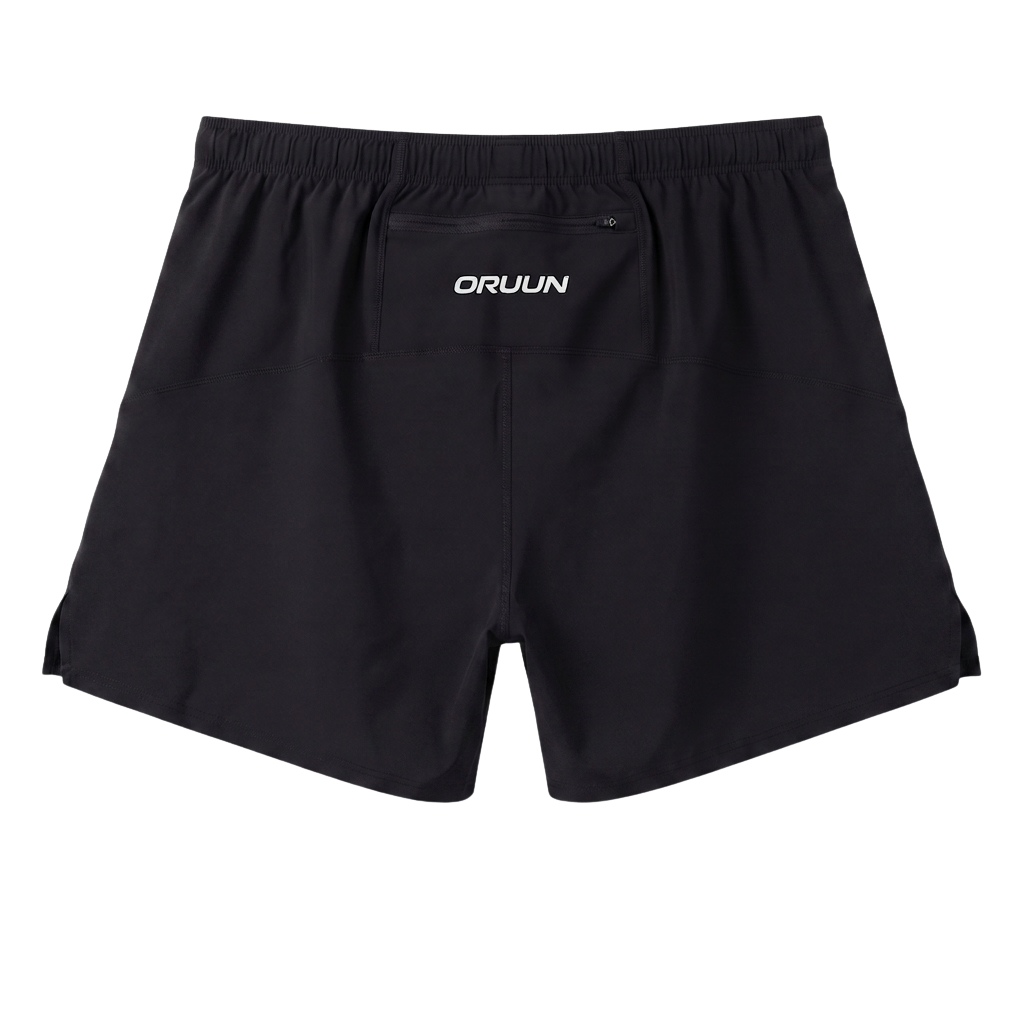 ORUUN Aero Motion running shorts in black, back view with secure rear zip pocket and ORUUN logo