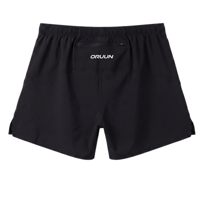 ORUUN Aero Motion running shorts in black, back view with secure rear zip pocket and ORUUN logo
