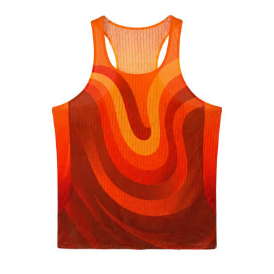 ORUUN Sunset Heat 43g ultra-light running tank in orange wave print, front view – breathable DRY FLOW™ racing singlet for hot weather