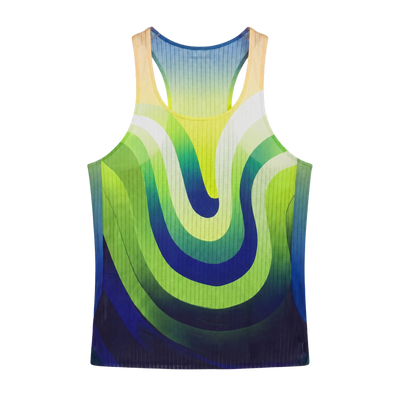 ORUUN Solar Lime 43g ultra-light running tank in lime green and blue wave print, front view – breathable DRY FLOW™ racing singlet for hot weather