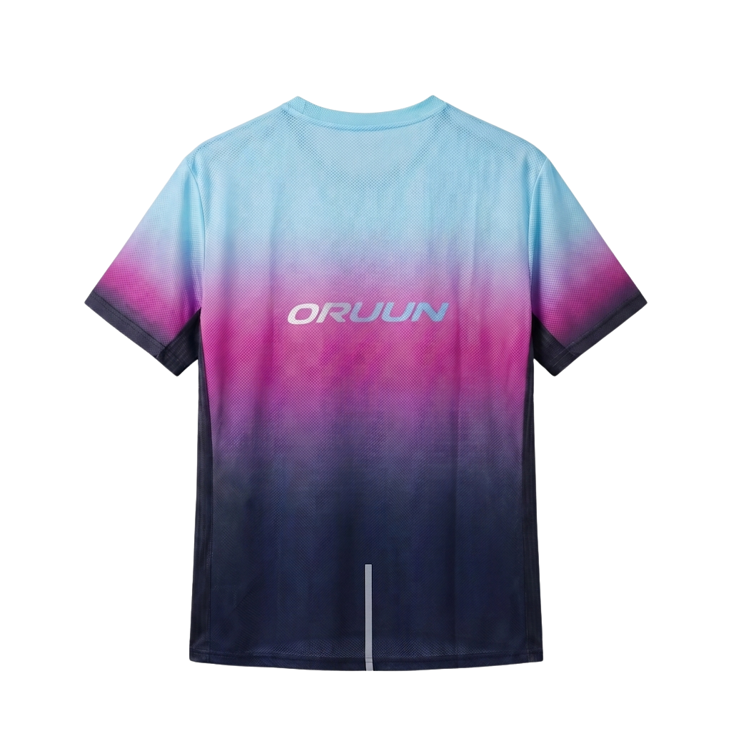 ORUUN Aqua Pulse ultra-light running tee in sky blue, magenta and black gradient, back view with ORUUN logo – breathable DRY FLOW™ shirt for hot, humid runs