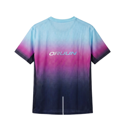 ORUUN Aqua Pulse ultra-light running tee in sky blue, magenta and black gradient, back view with ORUUN logo – breathable DRY FLOW™ shirt for hot, humid runs