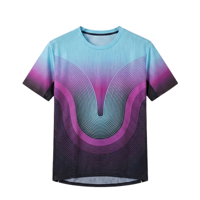 ORUUN Aqua Pulse ultra-light running tee in sky blue, magenta and black gradient, front view – breathable DRY FLOW™ shirt for hot, humid runs