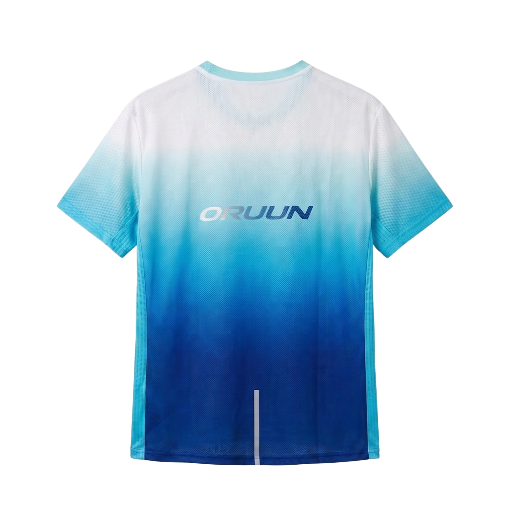 ORUUN Ice Blue ultra-light running tee in white-to-blue gradient, back view with ORUUN logo – breathable DRY FLOW™ shirt for hot, humid runs