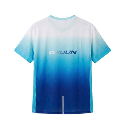 ORUUN Ice Blue ultra-light running tee in white-to-blue gradient, back view with ORUUN logo – breathable DRY FLOW™ shirt for hot, humid runs
