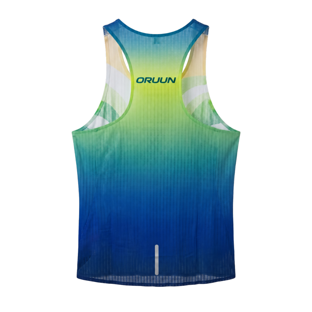 ORUUN Solar Lime 43g ultra-light running tank in lime green and blue wave print, back view with ORUUN logo – breathable DRY FLOW™ racing singlet for hot weather