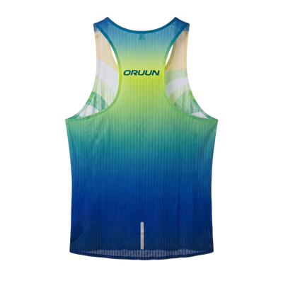 ORUUN Solar Lime 43g ultra-light running tank in lime green and blue wave print, back view with ORUUN logo – breathable DRY FLOW™ racing singlet for hot weather