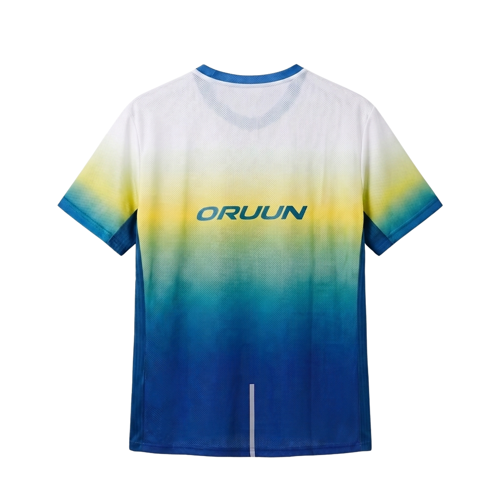 ORUUN Solar Lime ultra-light running tee in white, yellow and blue gradient, back view with ORUUN logo – breathable DRY FLOW™ shirt for hot, humid runs