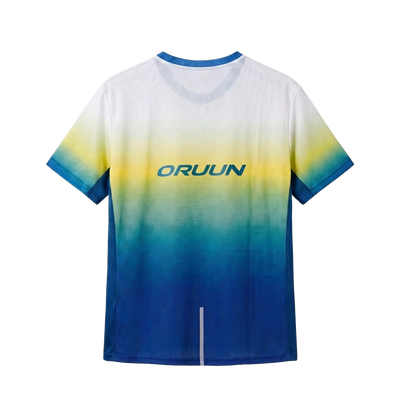 ORUUN Solar Lime ultra-light running tee in white, yellow and blue gradient, back view with ORUUN logo – breathable DRY FLOW™ shirt for hot, humid runs