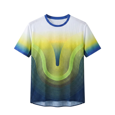 ORUUN Solar Lime ultra-light running tee in white, yellow and blue gradient, front view – breathable DRY FLOW™ shirt for hot, humid runs