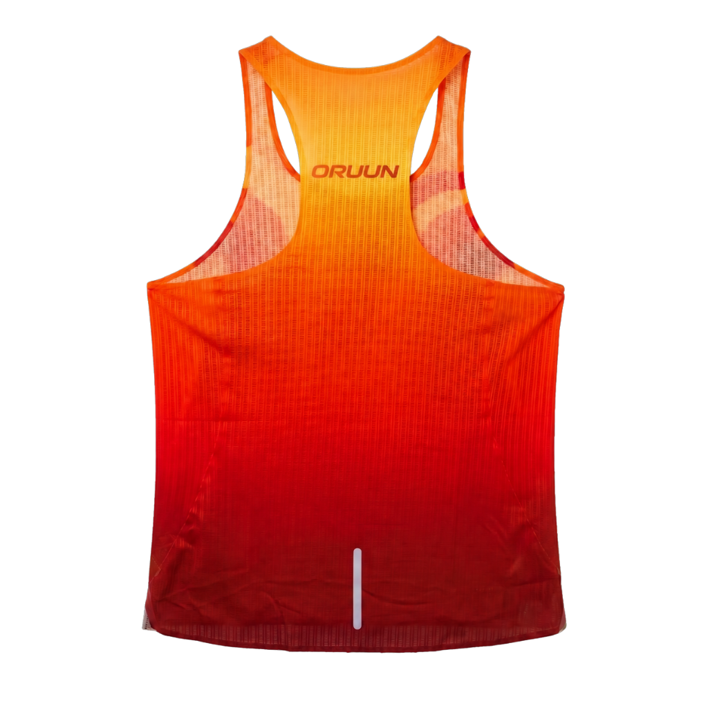 ORUUN Sunset Heat 43g ultra-light running tank in orange wave print, back view with ORUUN logo – breathable DRY FLOW™ racing singlet for hot weather