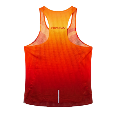 ORUUN Sunset Heat 43g ultra-light running tank in orange wave print, back view with ORUUN logo – breathable DRY FLOW™ racing singlet for hot weather