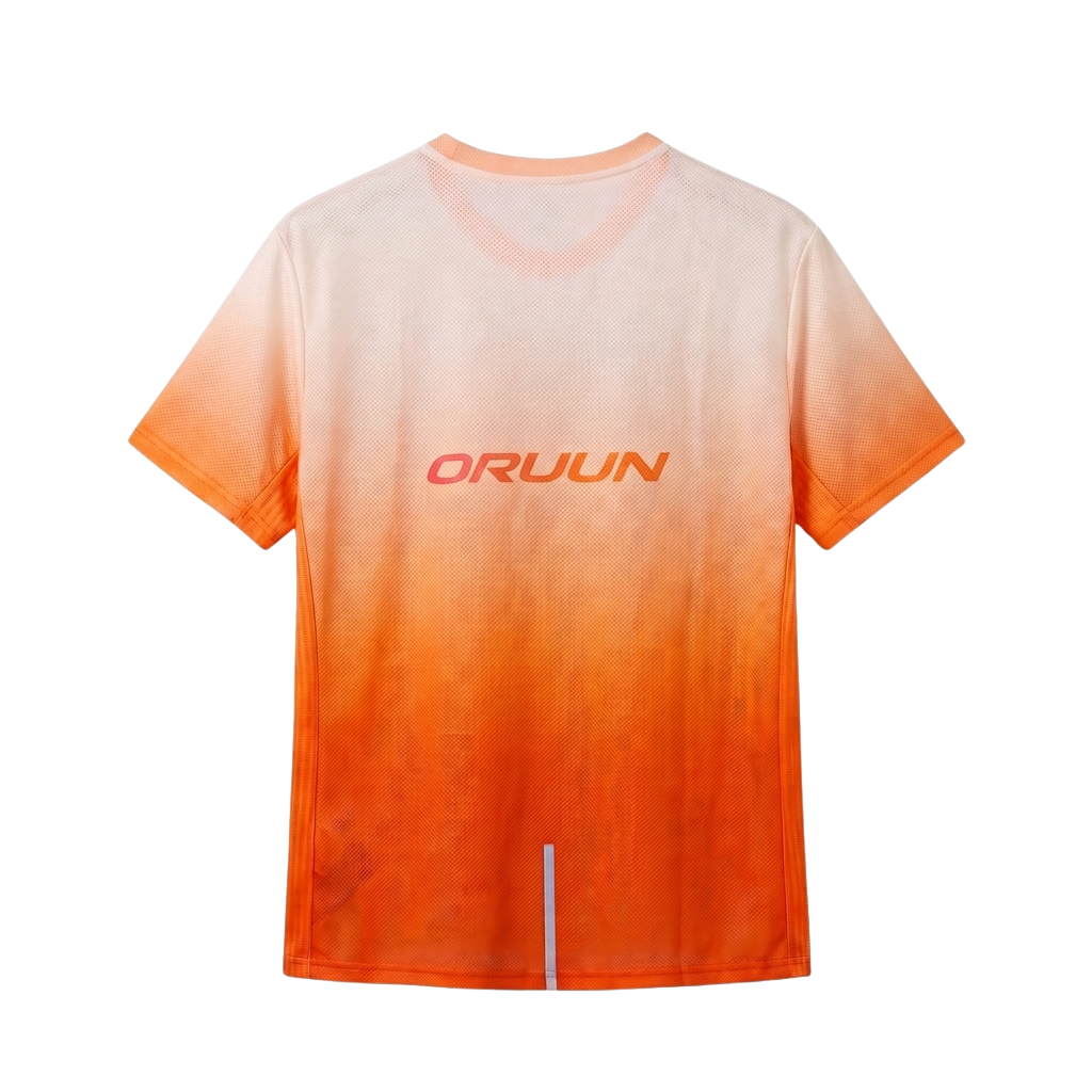 ORUUN Sunset Heat ultra-light running tee in peach-to-orange gradient, back view with ORUUN logo – breathable DRY FLOW™ shirt for hot, humid runs