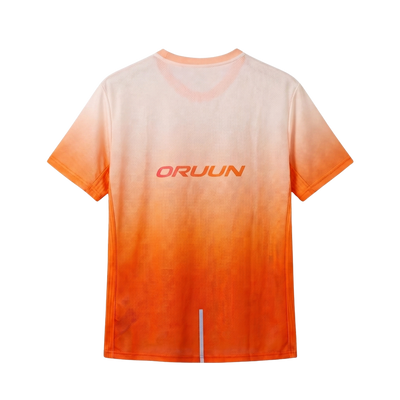 ORUUN Sunset Heat ultra-light running tee in peach-to-orange gradient, back view with ORUUN logo – breathable DRY FLOW™ shirt for hot, humid runs