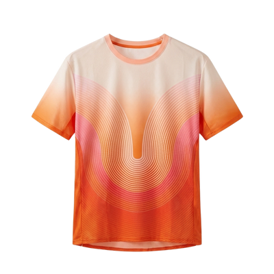 ORUUN Sunset Heat ultra-light running tee in peach-to-orange gradient, front view – breathable DRY FLOW™ shirt for hot, humid runs
